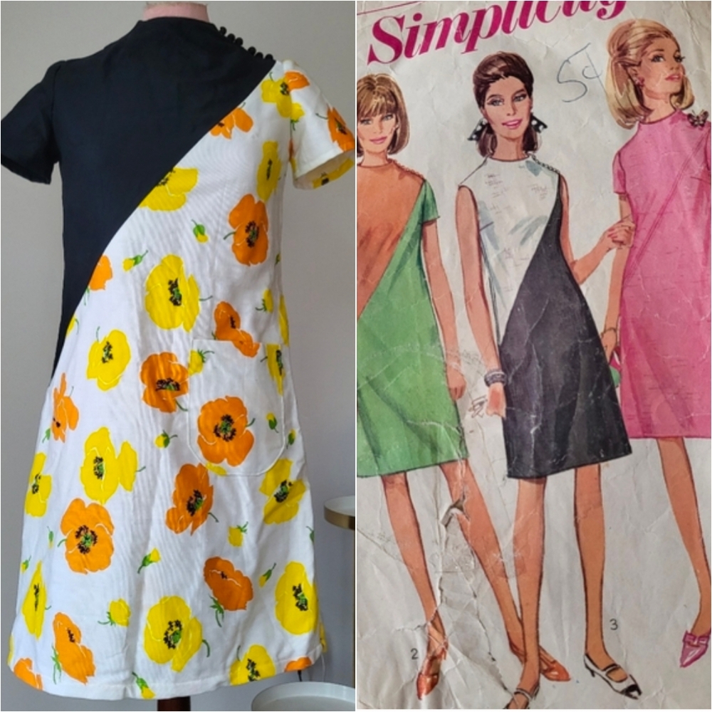 Handmade Contrast Shift Dress 60s Design in Vintage Poppy Cotton XS/S Mod Floral